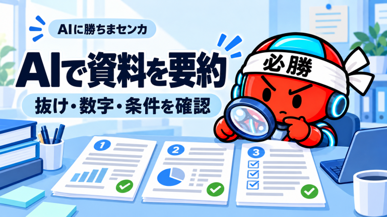 AIに勝ちまセンカのキャラクターが虫眼鏡で資料の数字と条件を確認するイラスト