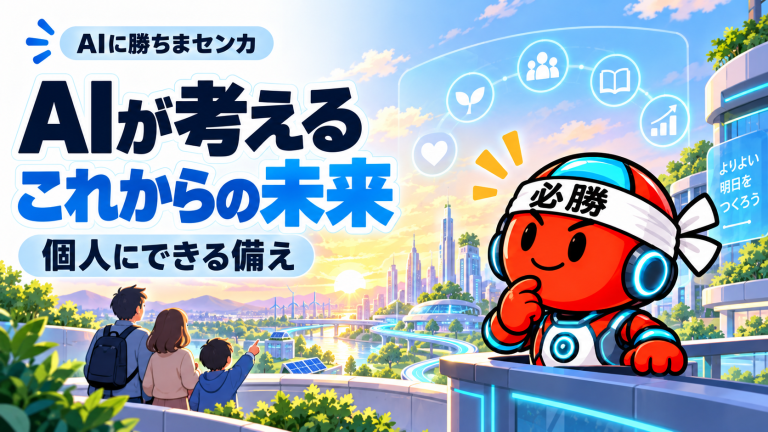 未来の街を眺めながら考えるAIに勝ちまセンカのキャラクター