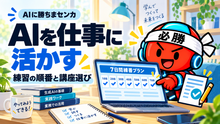 AIに勝ちまセンカのキャラクターが7日間の練習計画を案内するイラスト