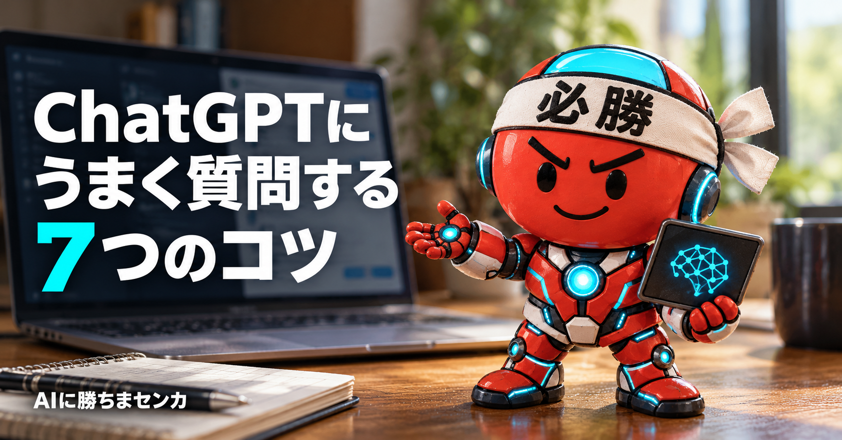 ChatGPTにうまく質問する7つのコツ。ノートパソコンの横で案内する、赤いボディと青い光のAIに勝ちまセンカのキャラクター